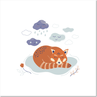 Cute poster with sleeping red panda and clouds Posters and Art